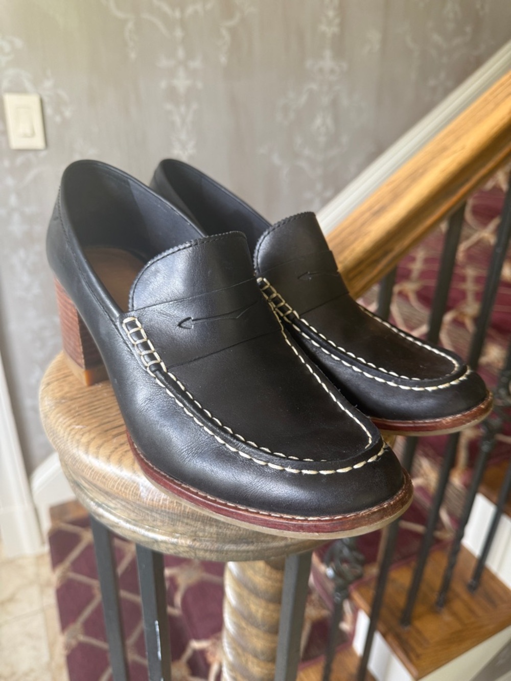 Sperry Black Leather Penny Loafers with Stacked Brown Heel 9.5 - Picture 16 of 16